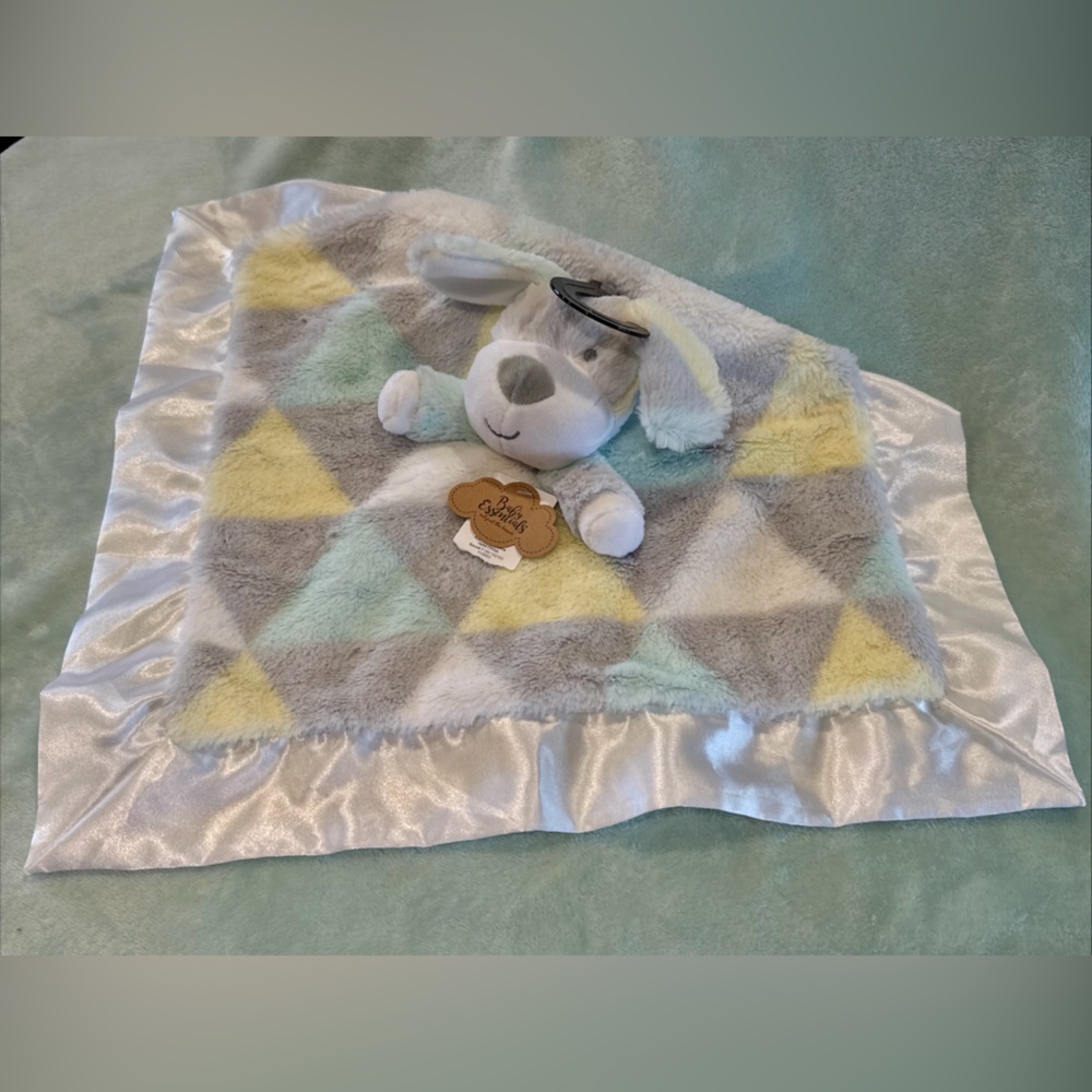NWT Baby Essentials Puppy Dog Lovey Gray Yellow Security Blanket Plush Satin 17"